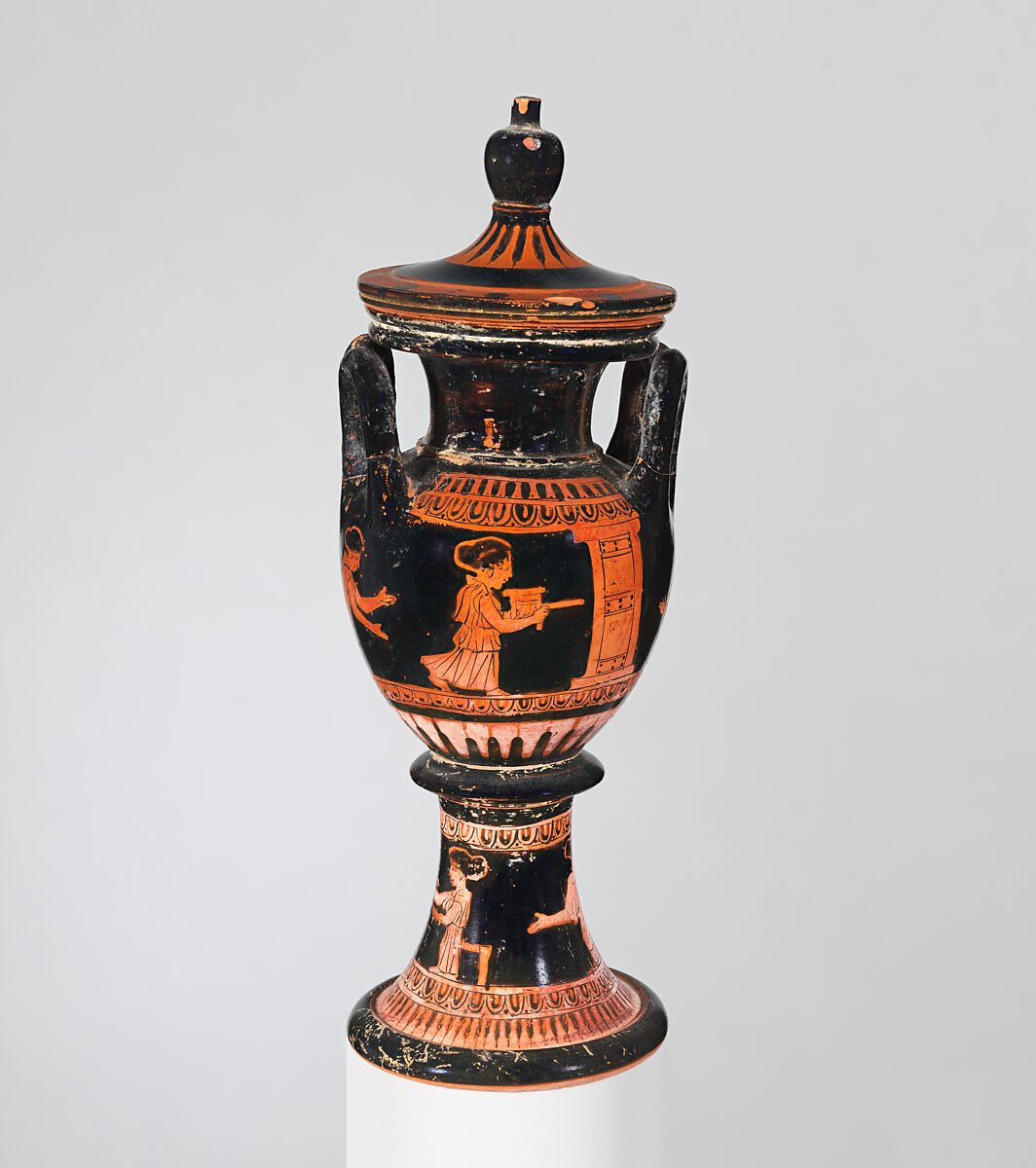 Terracotta lebes gamikos (round-bottomed bowl with handles and stand used in weddings), Attributed to the Group of Berlin 2406, Terracotta, Greek, Attic