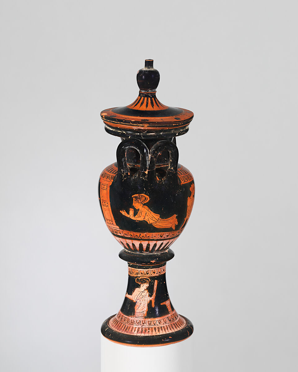 Terracotta lebes gamikos (round-bottomed bowl with handles and stand used in weddings), Attributed to the Group of Berlin 2406, Terracotta, Greek, Attic