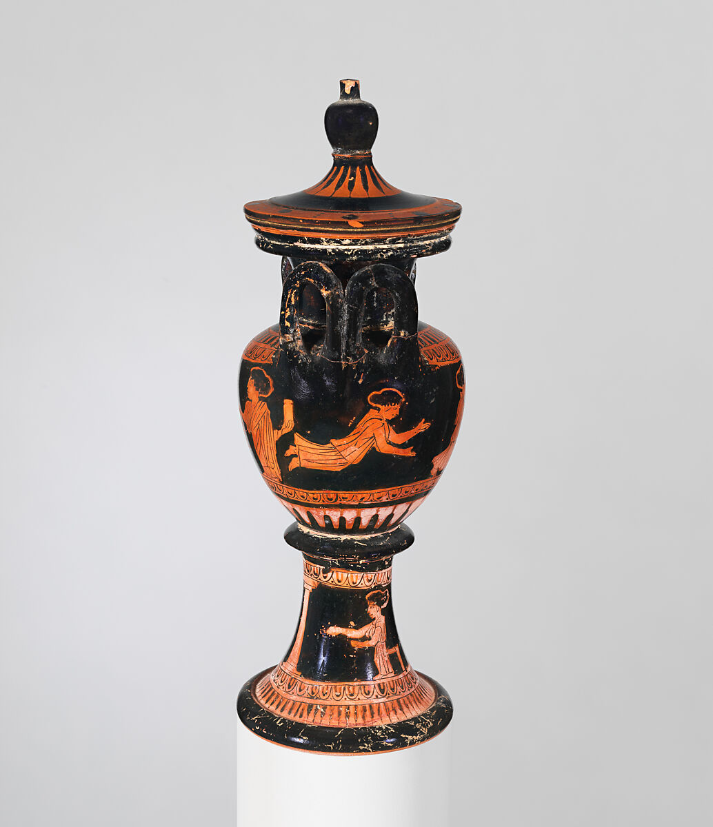 Terracotta lebes gamikos (round-bottomed bowl with handles and stand used in weddings), Attributed to the Group of Berlin 2406, Terracotta, Greek, Attic