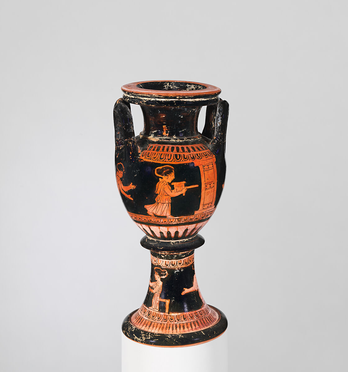 Terracotta lebes gamikos (round-bottomed bowl with handles and stand used in weddings), Attributed to the Group of Berlin 2406, Terracotta, Greek, Attic