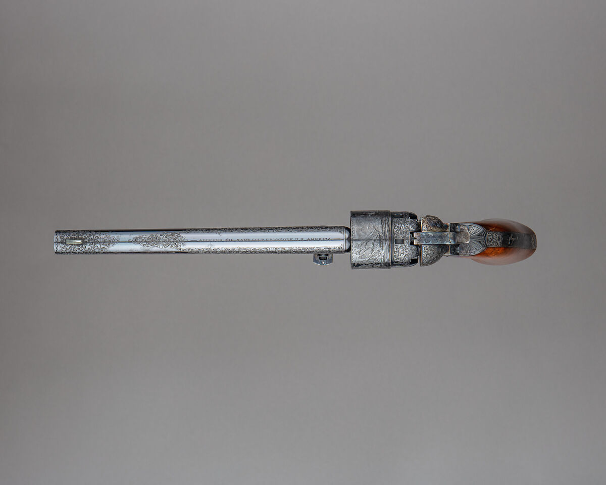 Cased Colt Model 1860 Army Percussion Revolver, Serial no. 7569, with Accessories, Samuel Colt (American, Hartford, Connecticut 1814–1862), Steel, brass, silver, gold, wood (mahogany), textile, American, Hartford, Connecticut