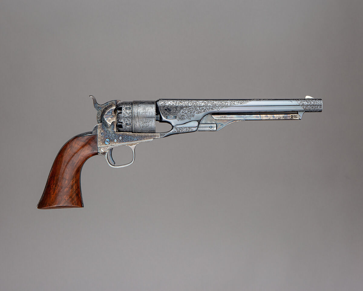 Cased Colt Model 1860 Army Percussion Revolver, Serial no. 7569, with Accessories, Samuel Colt (American, Hartford, Connecticut 1814–1862), Steel, brass, silver, gold, wood (mahogany), textile, American, Hartford, Connecticut