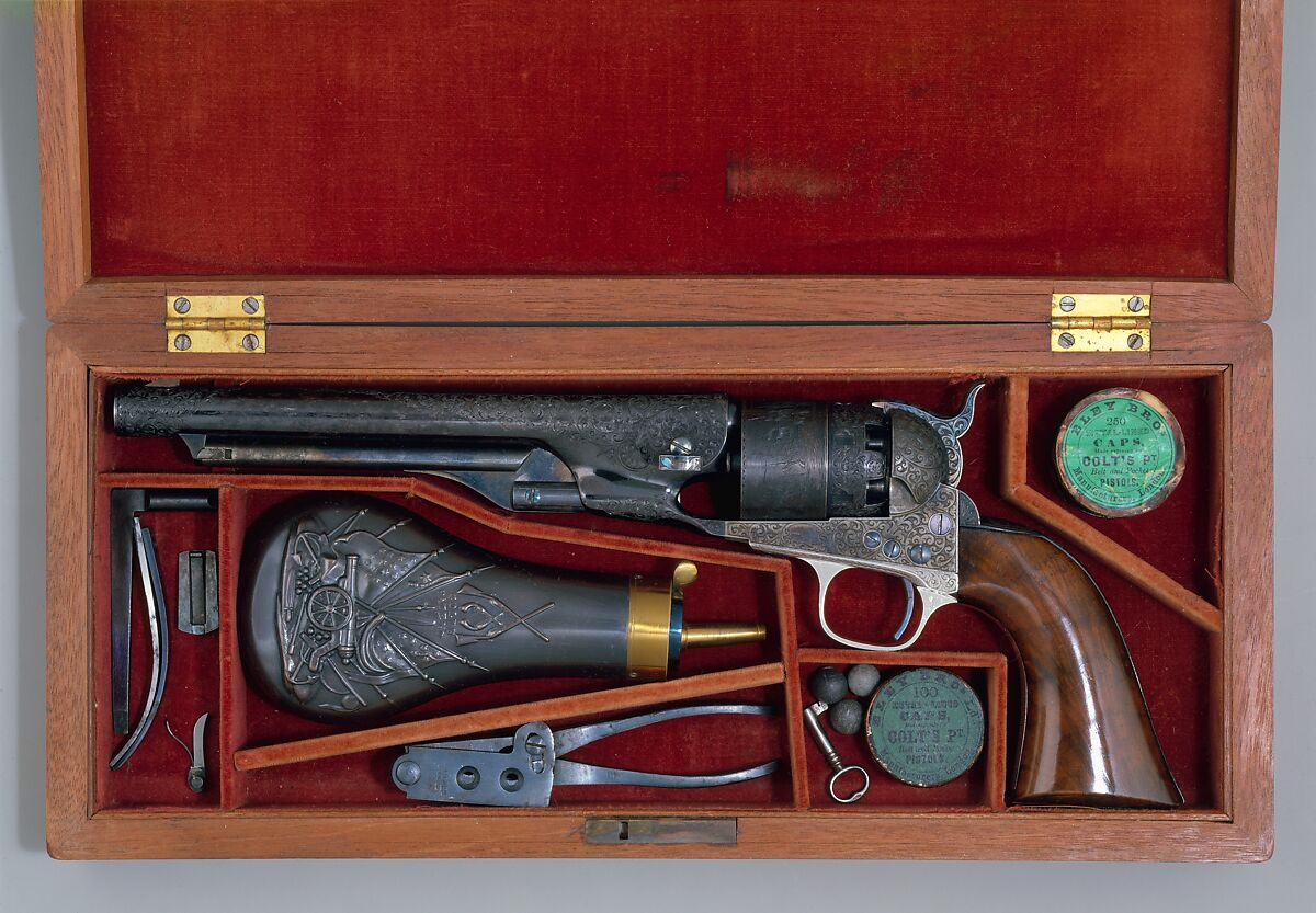 Cased Colt Model 1860 Army Percussion Revolver, Serial no. 7569, with Accessories, Samuel Colt (American, Hartford, Connecticut 1814–1862), Steel, brass, silver, gold, wood (mahogany), textile, American, Hartford, Connecticut 