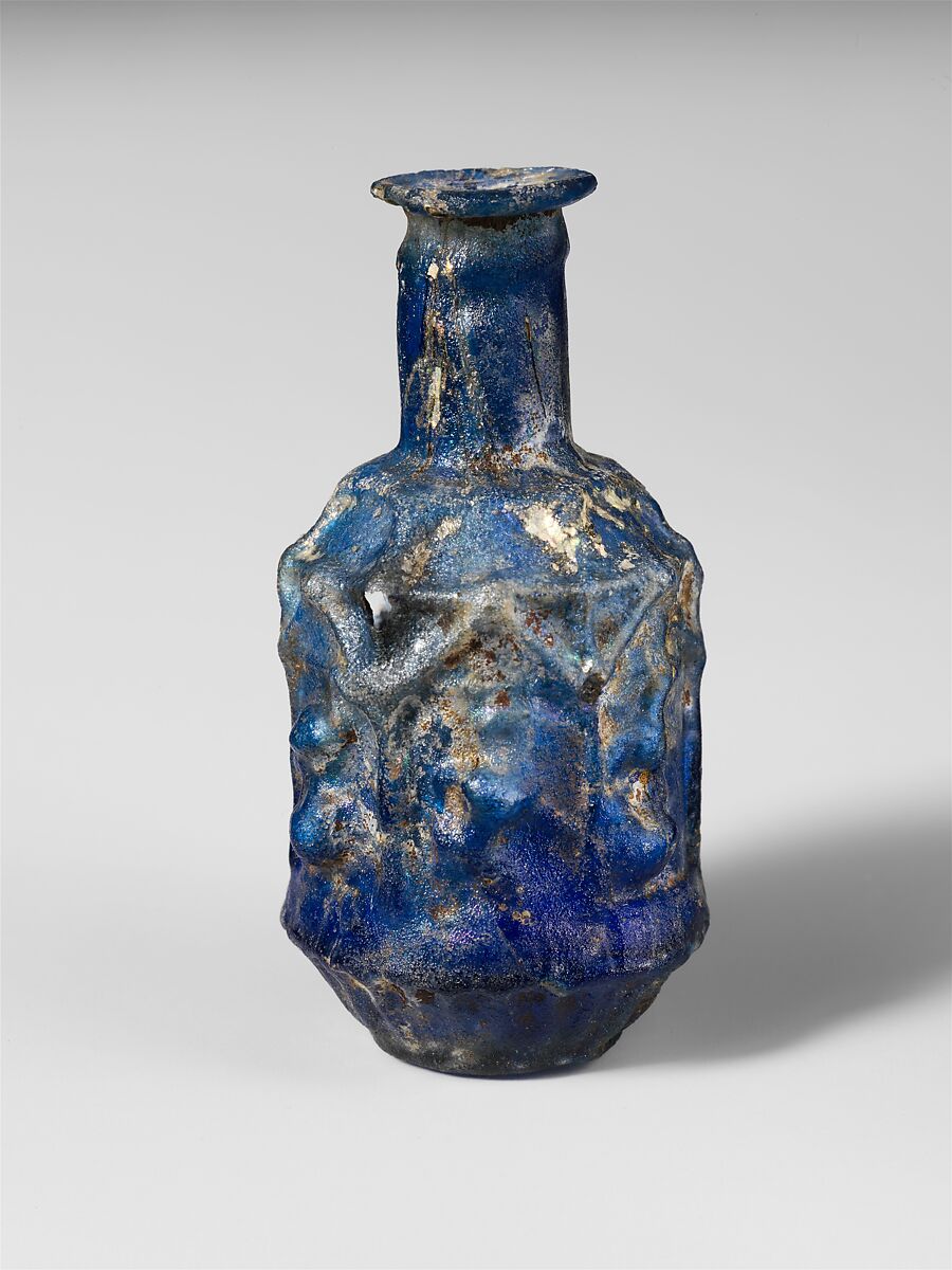 Glass hexagonal bottle, Glass, Roman 