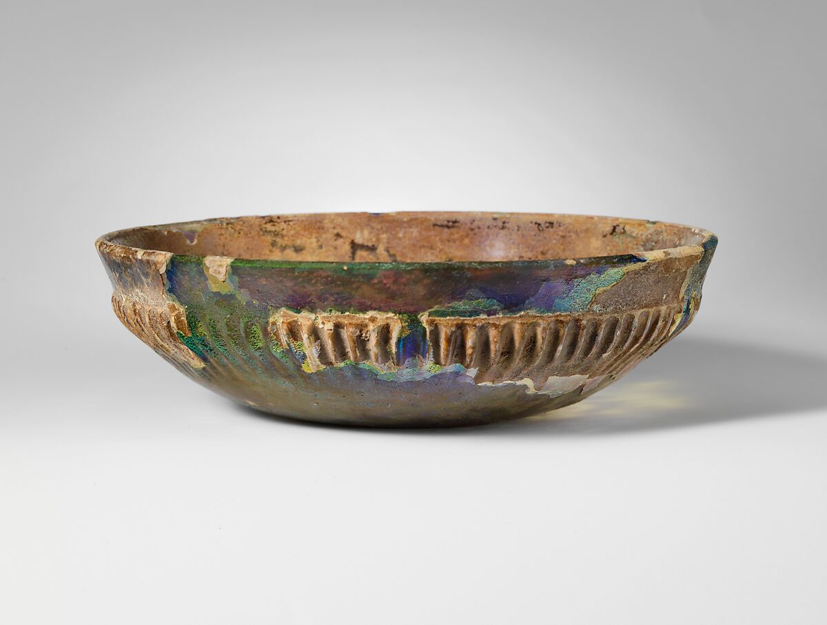 Glass ribbed bowl, Glass, Roman 