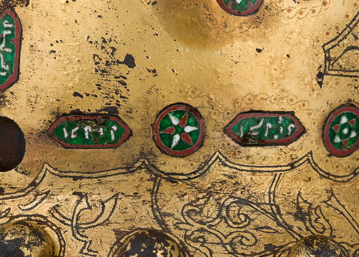 Helmet (Sallet), Steel, iron, gold, silver, cloisonné enamel, leather, textile, Spanish, possibly Granada