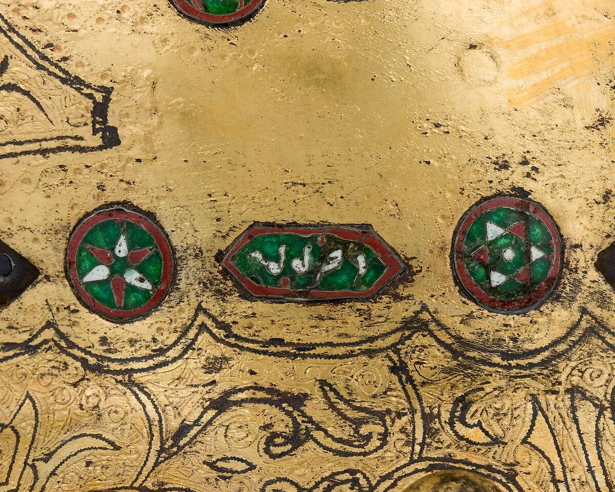 Helmet (Sallet), Steel, iron, gold, silver, cloisonné enamel, leather, textile, Spanish, possibly Granada