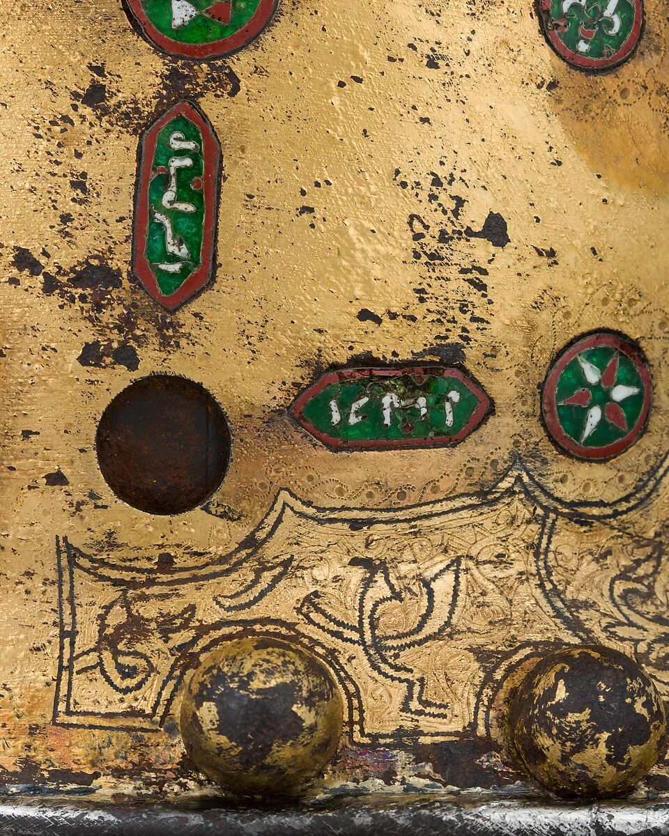 Helmet (Sallet), Steel, iron, gold, silver, cloisonné enamel, leather, textile, Spanish, possibly Granada