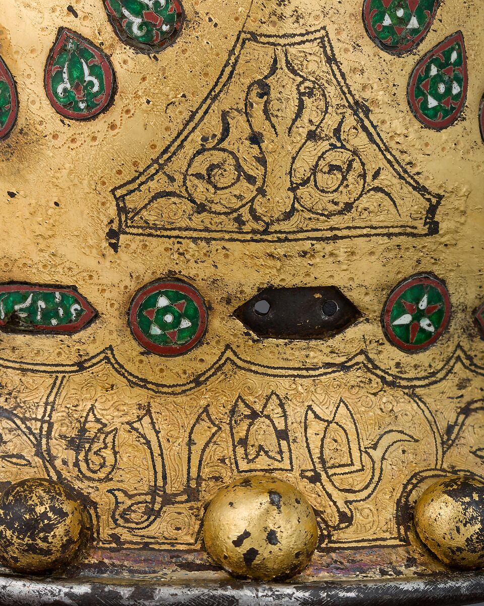 Helmet (Sallet), Steel, iron, gold, silver, cloisonné enamel, leather, textile, Spanish, possibly Granada
