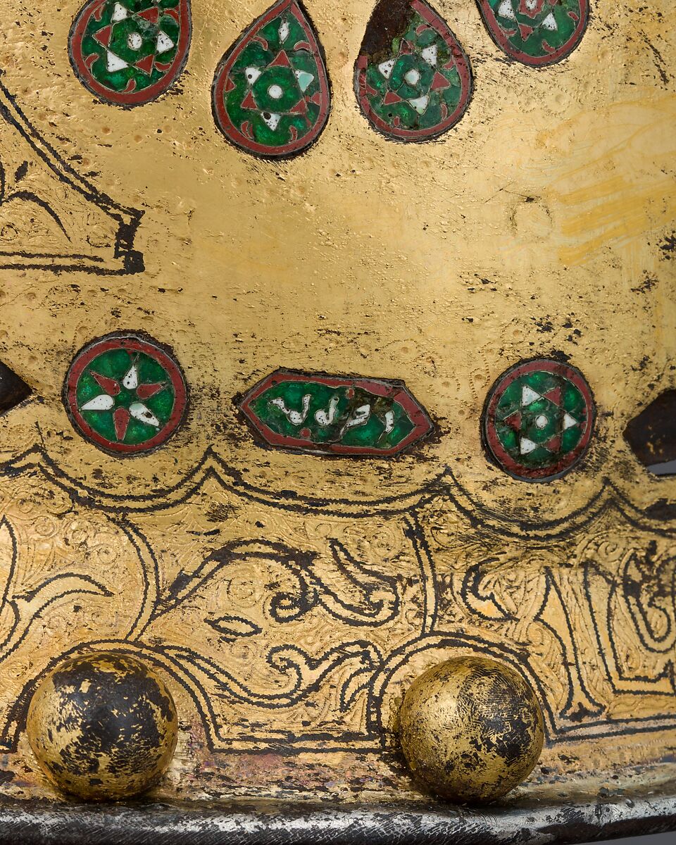 Helmet (Sallet), Steel, iron, gold, silver, cloisonné enamel, leather, textile, Spanish, possibly Granada