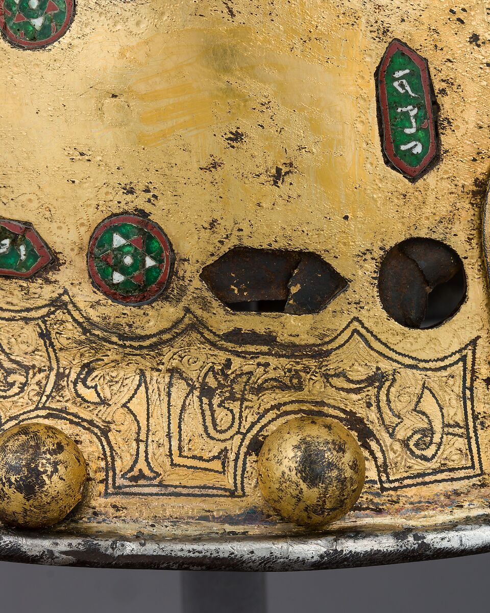 Helmet (Sallet), Steel, iron, gold, silver, cloisonné enamel, leather, textile, Spanish, possibly Granada