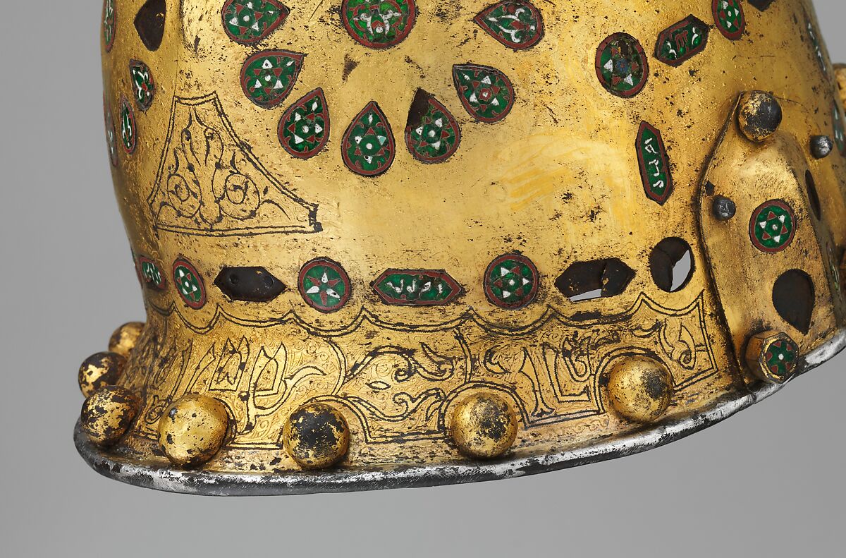 Helmet (Sallet), Steel, iron, gold, silver, cloisonné enamel, leather, textile, Spanish, possibly Granada