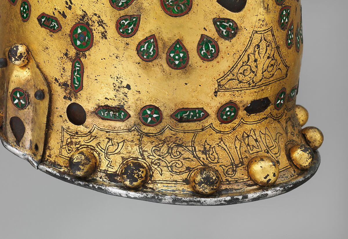 Helmet (Sallet), Steel, iron, gold, silver, cloisonné enamel, leather, textile, Spanish, possibly Granada