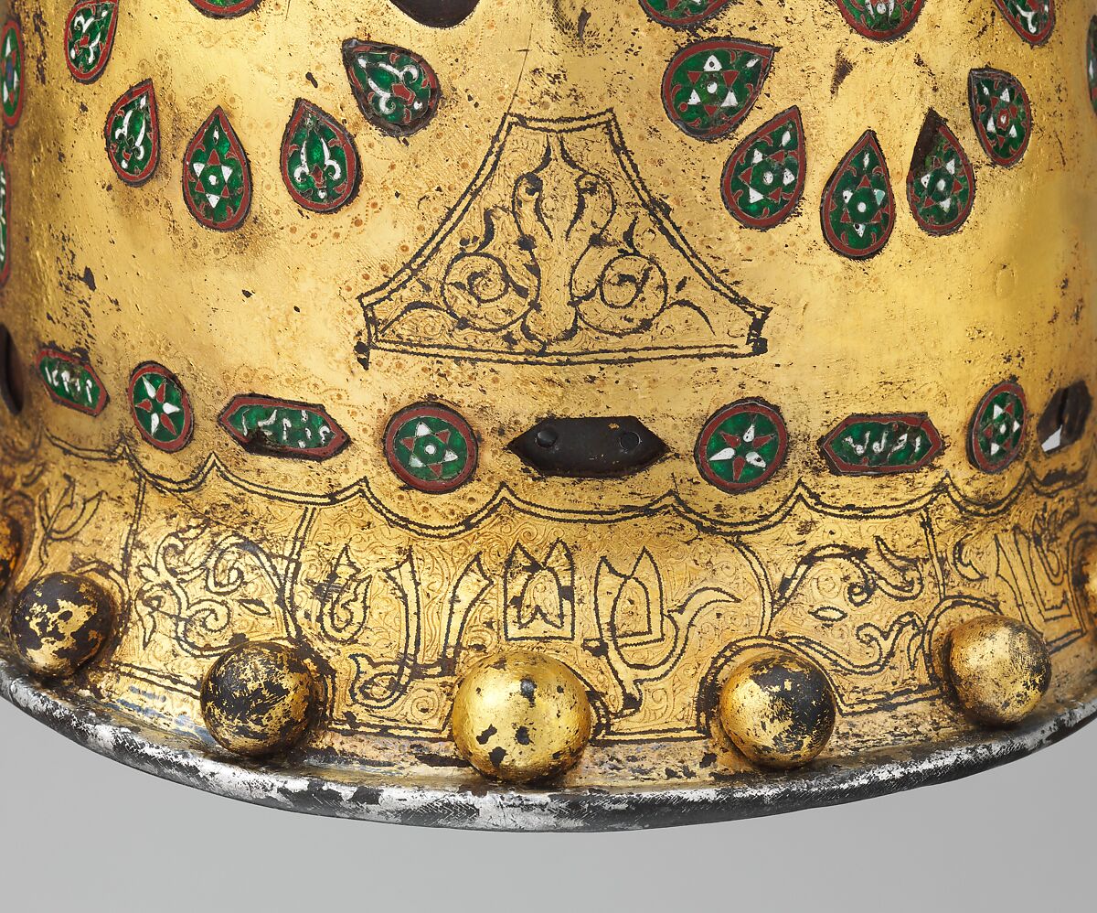 Helmet (Sallet), Steel, iron, gold, silver, cloisonné enamel, leather, textile, Spanish, possibly Granada