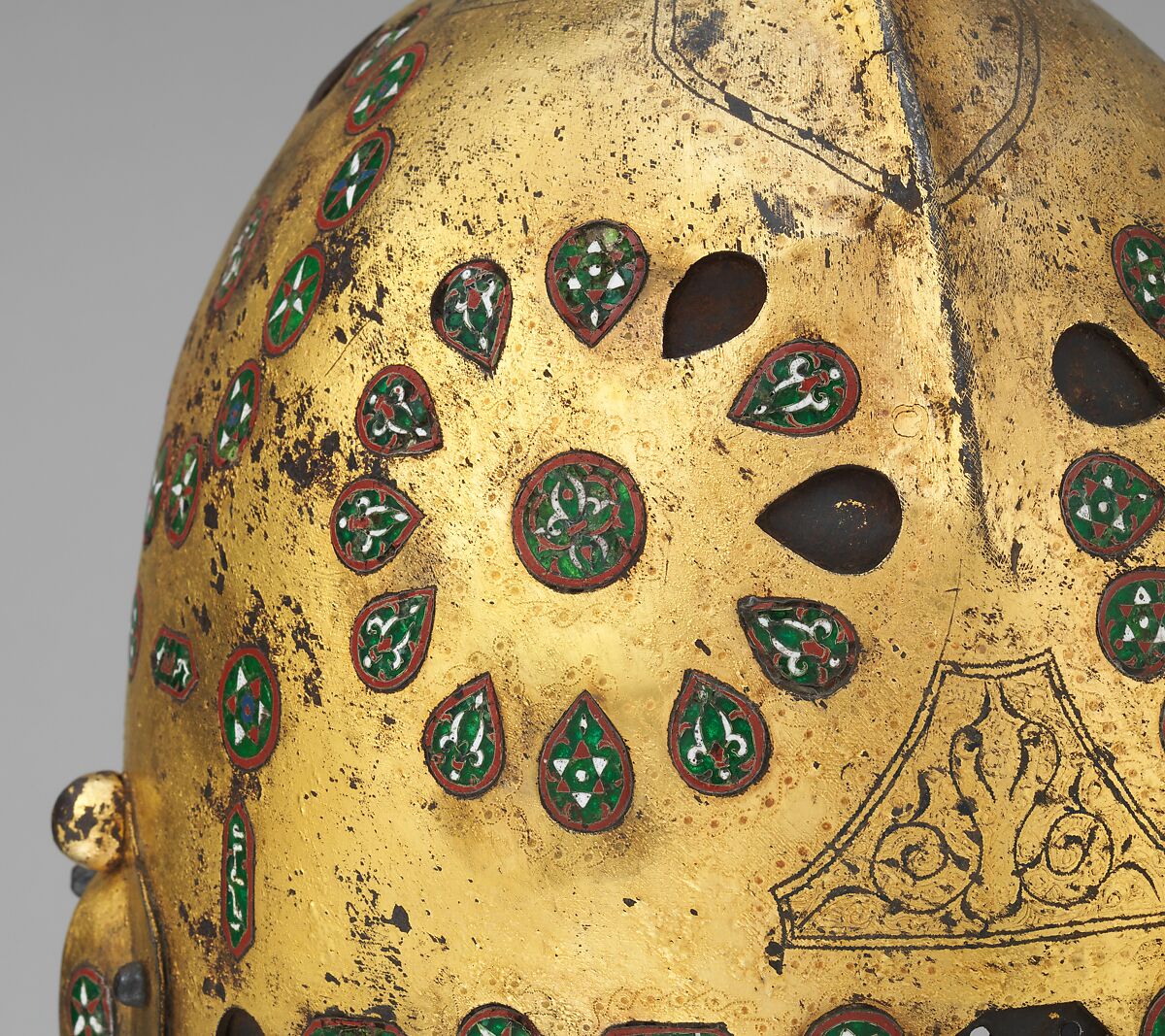 Helmet (Sallet), Steel, iron, gold, silver, cloisonné enamel, leather, textile, Spanish, possibly Granada