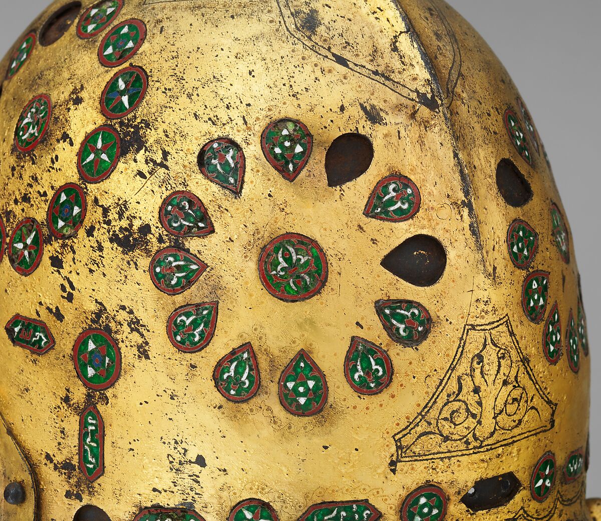 Helmet (Sallet), Steel, iron, gold, silver, cloisonné enamel, leather, textile, Spanish, possibly Granada