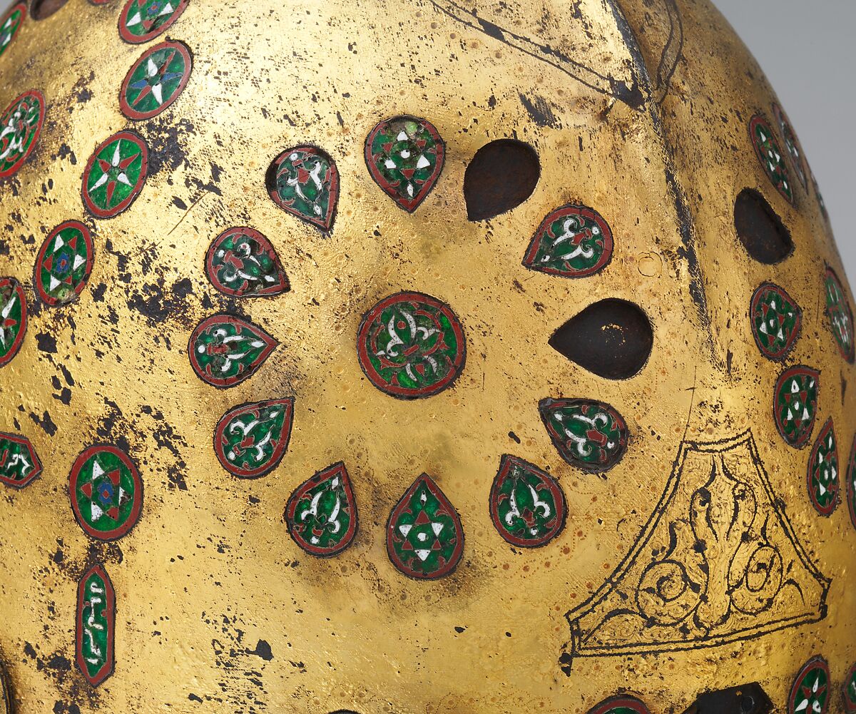Helmet (Sallet), Steel, iron, gold, silver, cloisonné enamel, leather, textile, Spanish, possibly Granada
