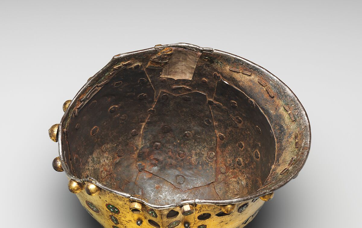 Helmet (Sallet), Steel, iron, gold, silver, cloisonné enamel, leather, textile, Spanish, possibly Granada