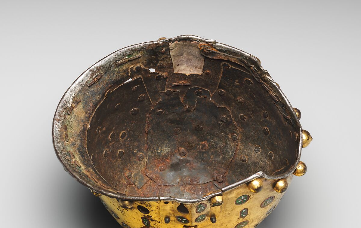 Helmet (Sallet), Steel, iron, gold, silver, cloisonné enamel, leather, textile, Spanish, possibly Granada