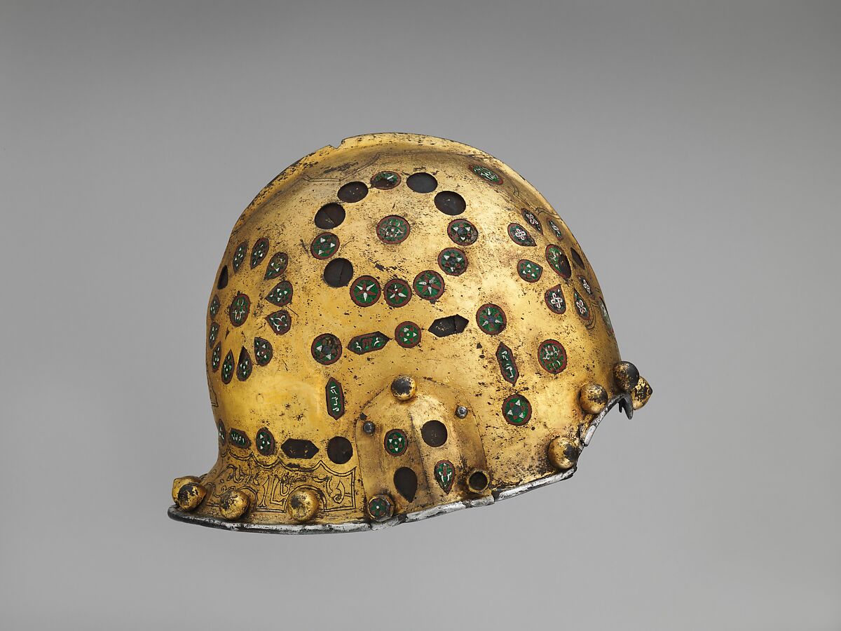 Helmet (Sallet), Steel, iron, gold, silver, cloisonné enamel, leather, textile, Spanish, possibly Granada