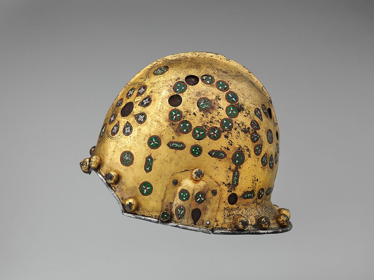 Helmet (Sallet), Steel, iron, gold, silver, cloisonné enamel, leather, textile, Spanish, possibly Granada