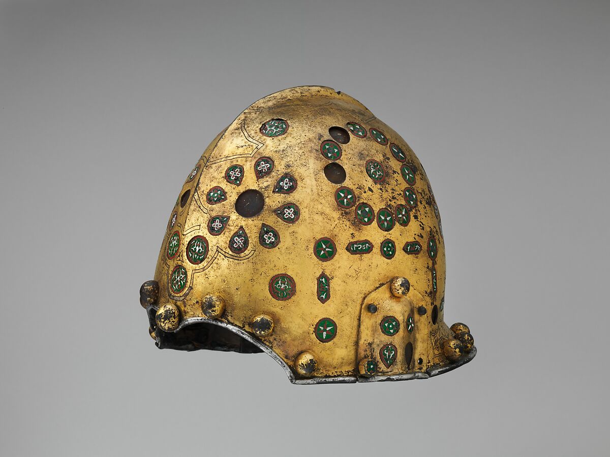 Helmet (Sallet), Steel, iron, gold, silver, cloisonné enamel, leather, textile, Spanish, possibly Granada 