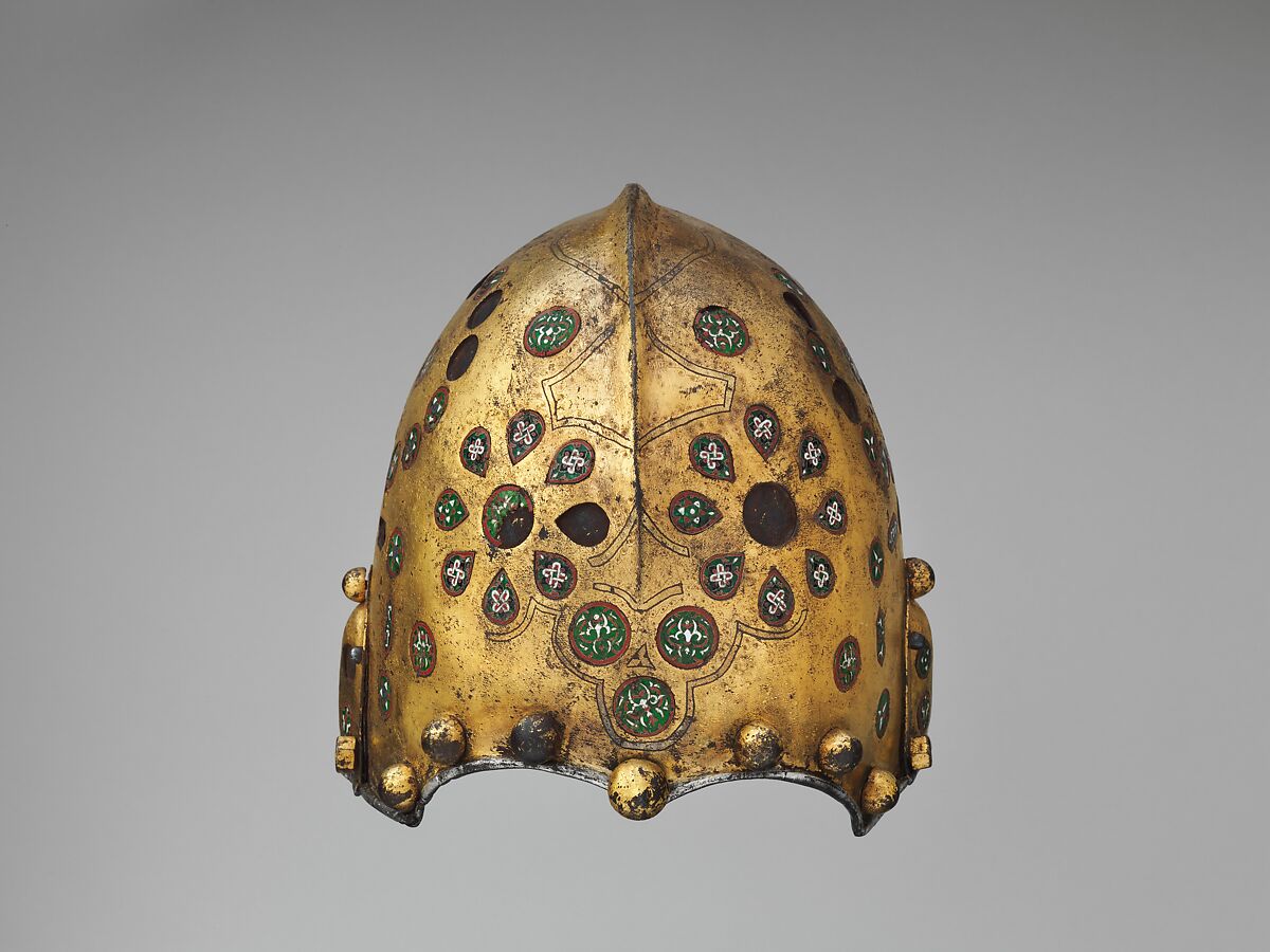 Helmet (Sallet), Steel, iron, gold, silver, cloisonné enamel, leather, textile, Spanish, possibly Granada