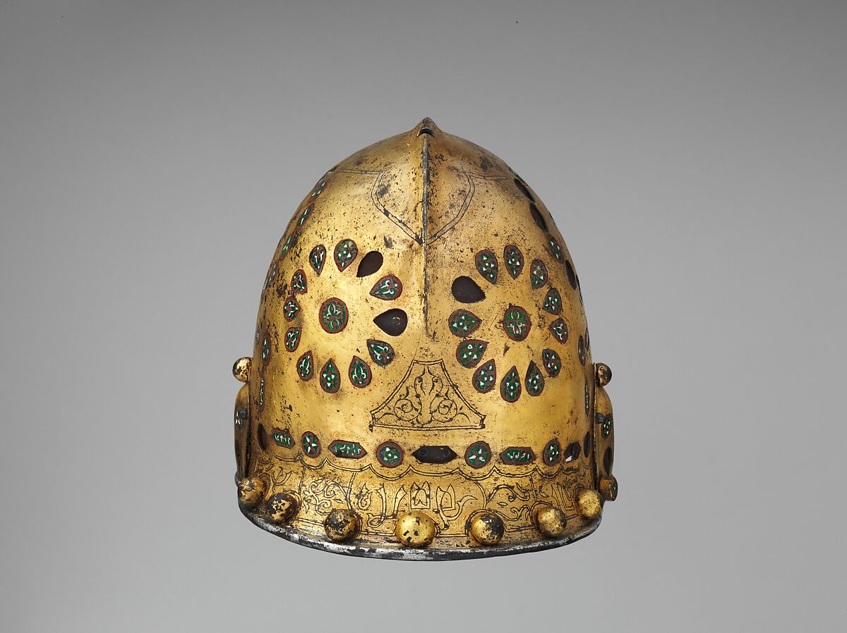 Helmet (Sallet), Steel, iron, gold, silver, cloisonné enamel, leather, textile, Spanish, possibly Granada