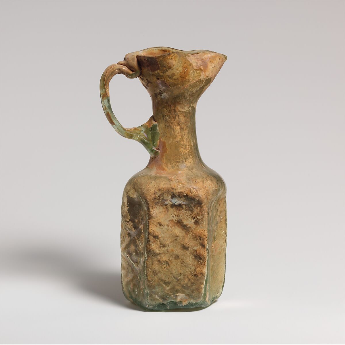 Glass hexagonal jug, Glass, Roman, Palestinian 