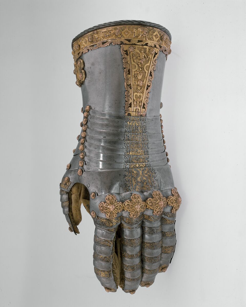 Gauntlet for the Left Hand, Gilt copper ornament attributed to Jörg Sigman (German, Augsburg, 1527–1601), Steel, gold, copper alloy, leather, German, Augsburg