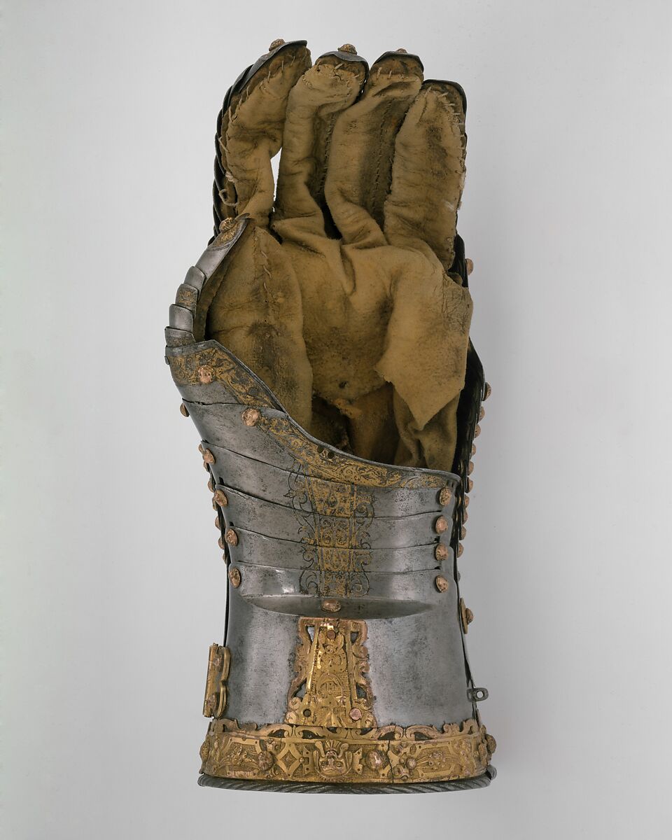 Gauntlet for the Left Hand, Gilt copper ornament attributed to Jörg Sigman (German, Augsburg, 1527–1601), Steel, gold, copper alloy, leather, German, Augsburg