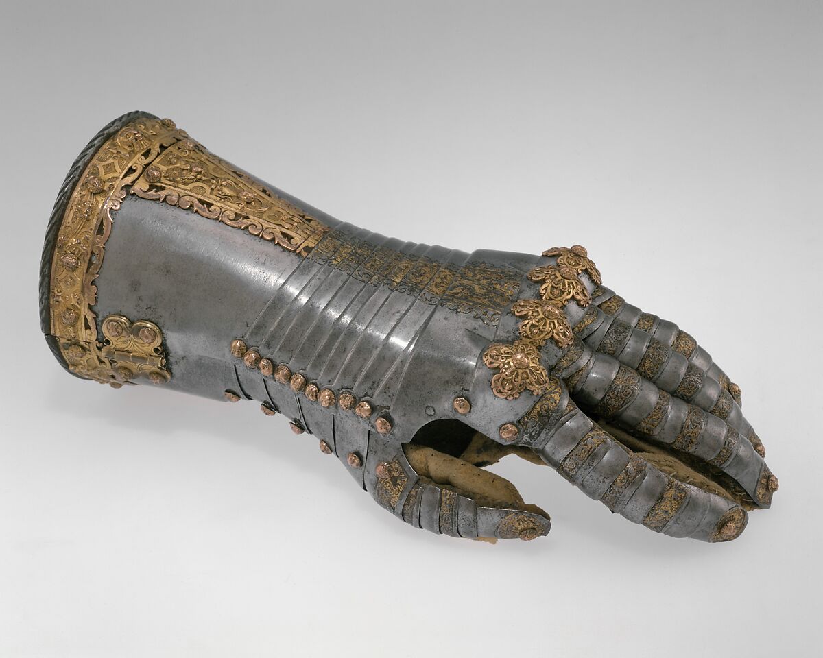 Gauntlet for the Left Hand, Gilt copper ornament attributed to Jörg Sigman (German, Augsburg, 1527–1601), Steel, gold, copper alloy, leather, German, Augsburg 