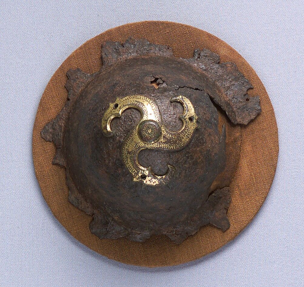 Two Shield Bosses (Umbos), Iron, copper alloy, gold, Western European, Langobardic