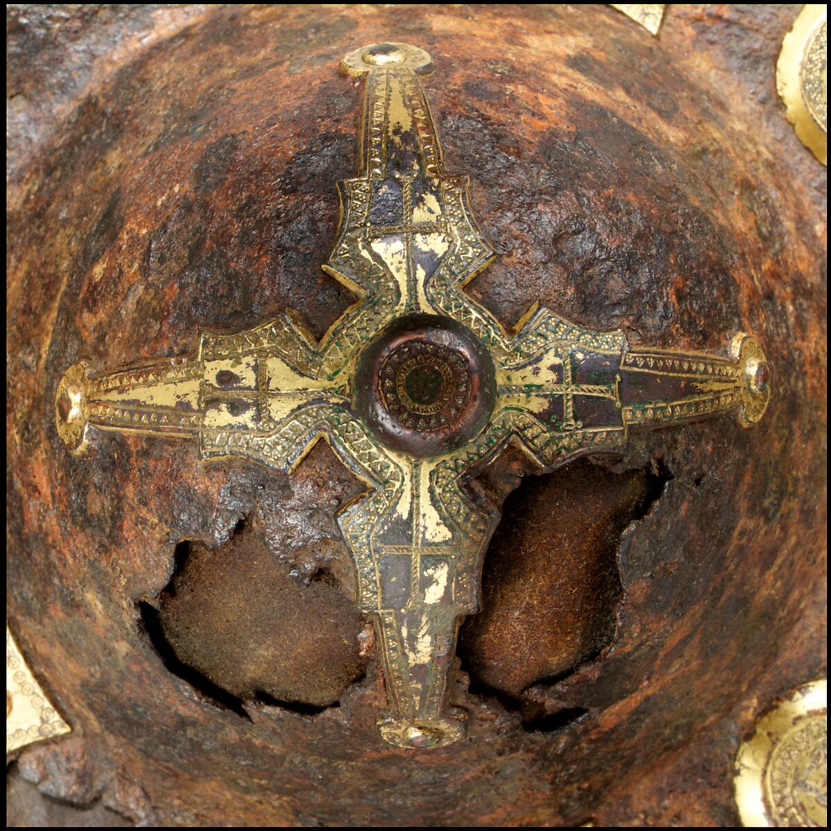 Two Shield Bosses (Umbos), Iron, copper alloy, gold, Western European, Langobardic