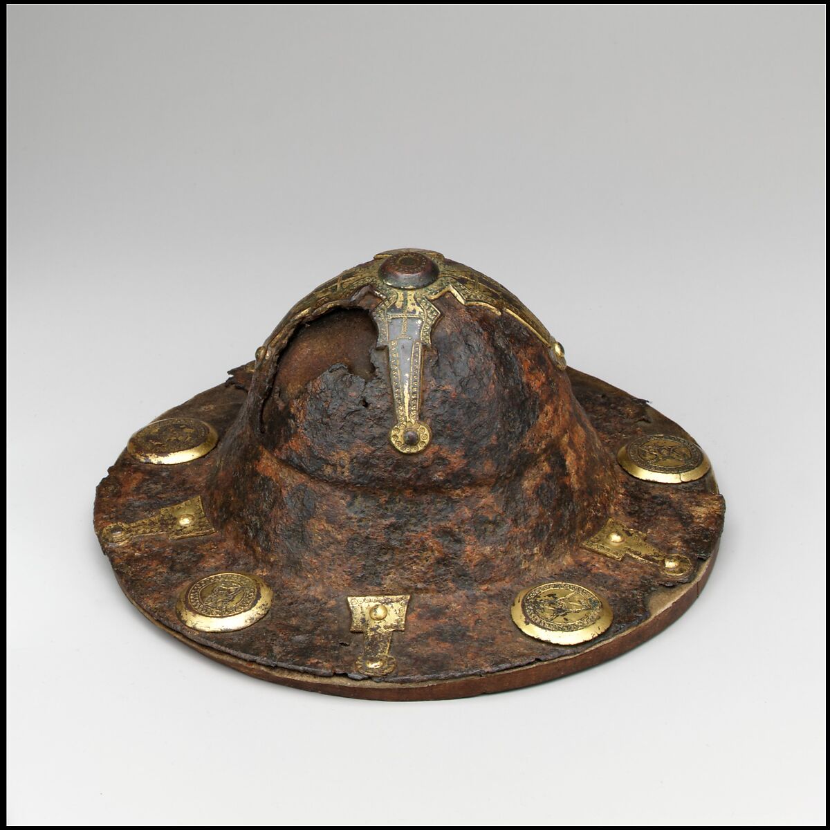 Two Shield Bosses (Umbos), Iron, copper alloy, gold, Western European, Langobardic