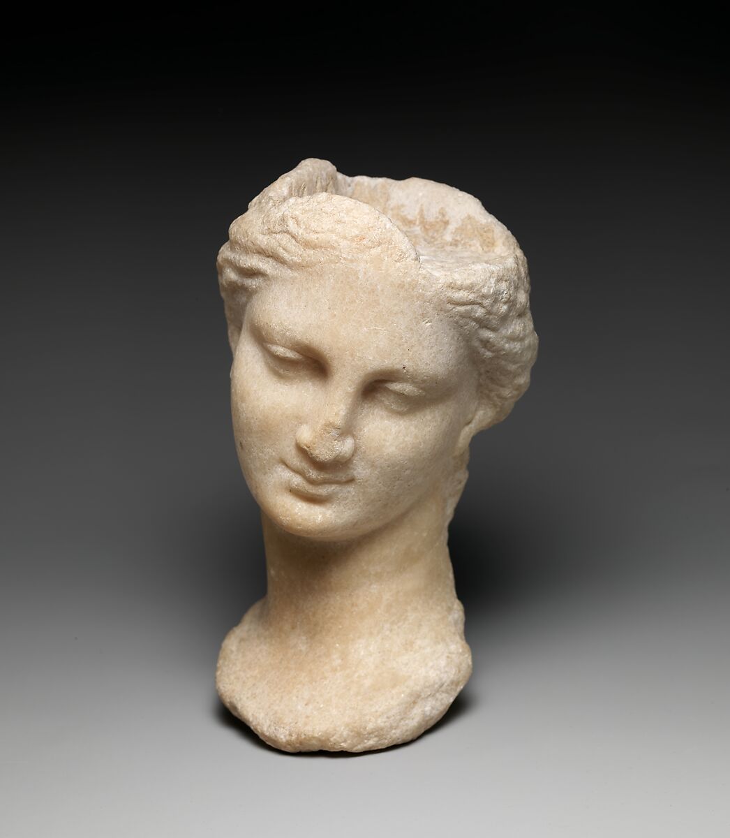 Marble head of a girl from a small statue, Marble, Island, Greek 