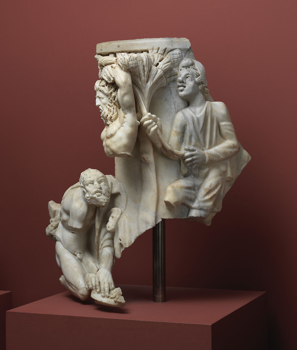 Right corner of a marble sarcophagus with the myth of Apollo and the satyr Marsyas, Marble, Roman
