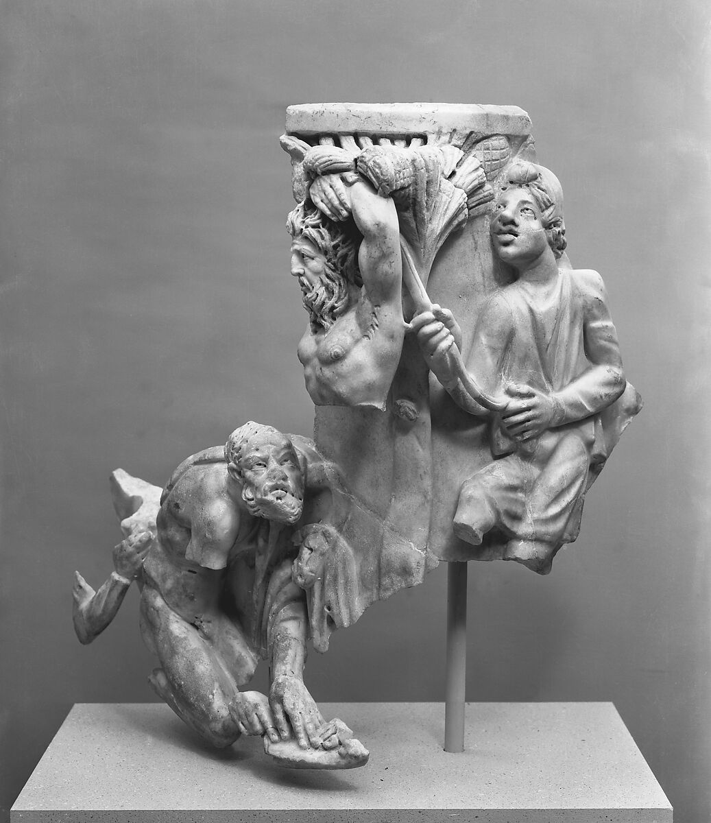 Right corner of a marble sarcophagus with the myth of Apollo and the satyr Marsyas, Marble, Roman
