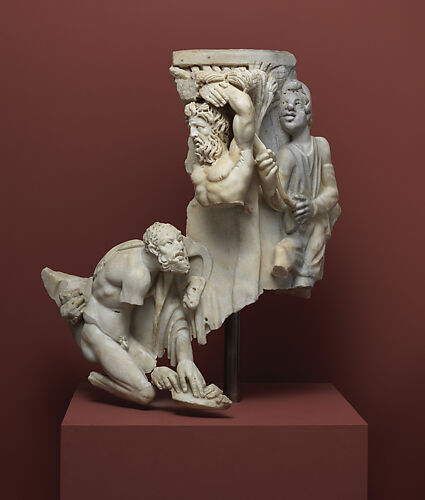 Right corner of a marble sarcophagus with the myth of Apollo and the satyr Marsyas