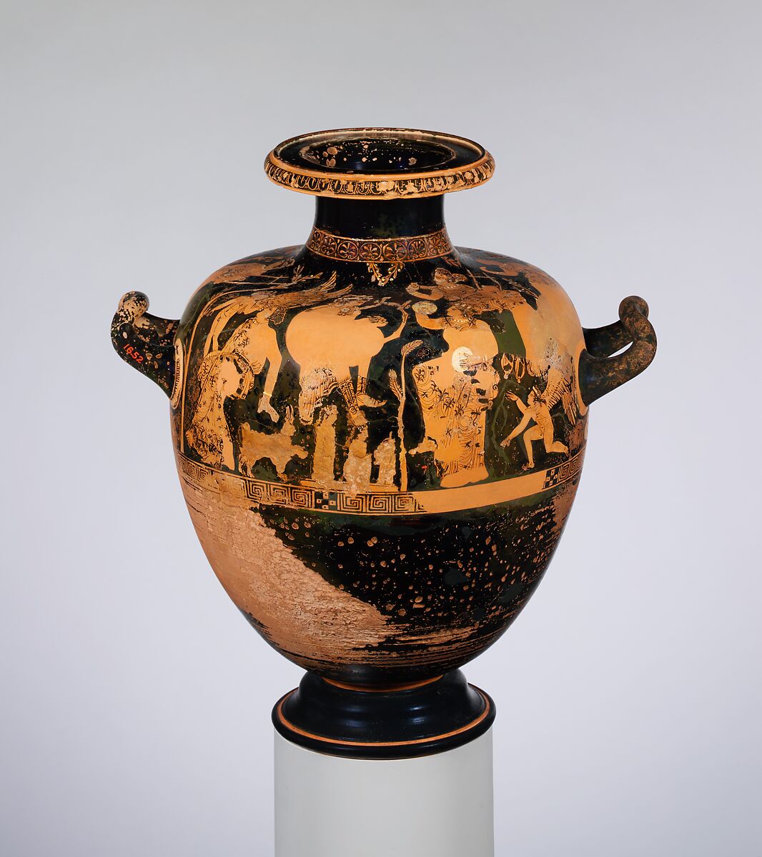 Terracotta hydria (water jar), Attributed to the manner of the Meidias Painter, Terracotta, Greek, Attic 