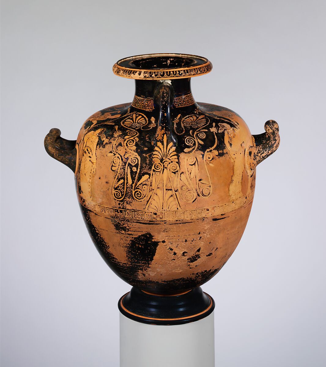 Terracotta hydria (water jar), Attributed to the manner of the Meidias Painter, Terracotta, Greek, Attic