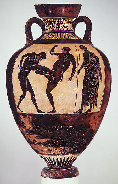 Terracotta Panathenaic prize amphora, Attributed to the Kleophrades Painter, Terracotta, Greek, Attic