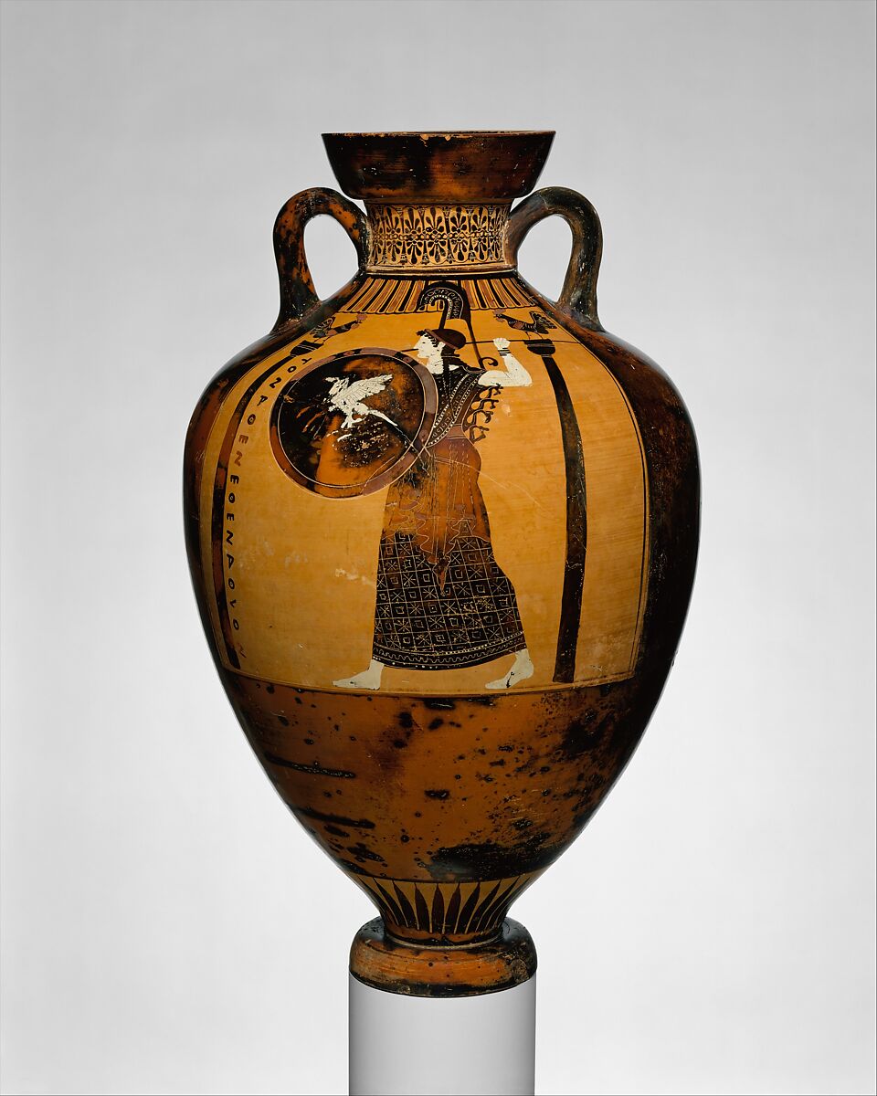 Terracotta Panathenaic prize amphora, Attributed to the Kleophrades Painter, Terracotta, Greek, Attic