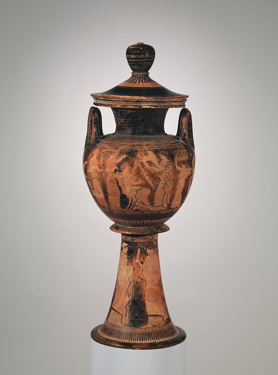 Terracotta lebes gamikos (round-bottomed bowl with handles and stand used in weddings), Attributed to the Washing Painter, Terracotta, Greek, Attic