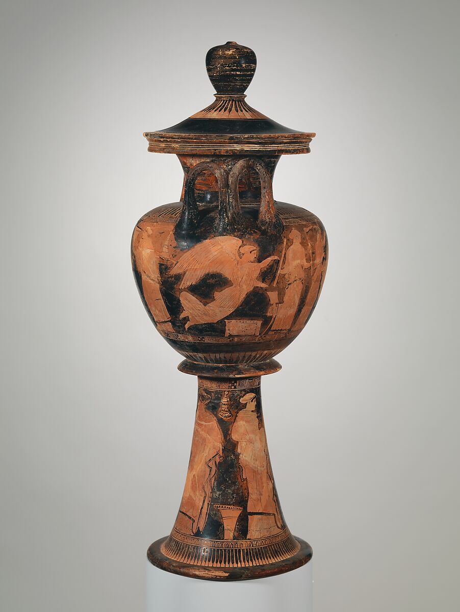 Terracotta lebes gamikos (round-bottomed bowl with handles and stand used in weddings), Attributed to the Washing Painter, Terracotta, Greek, Attic