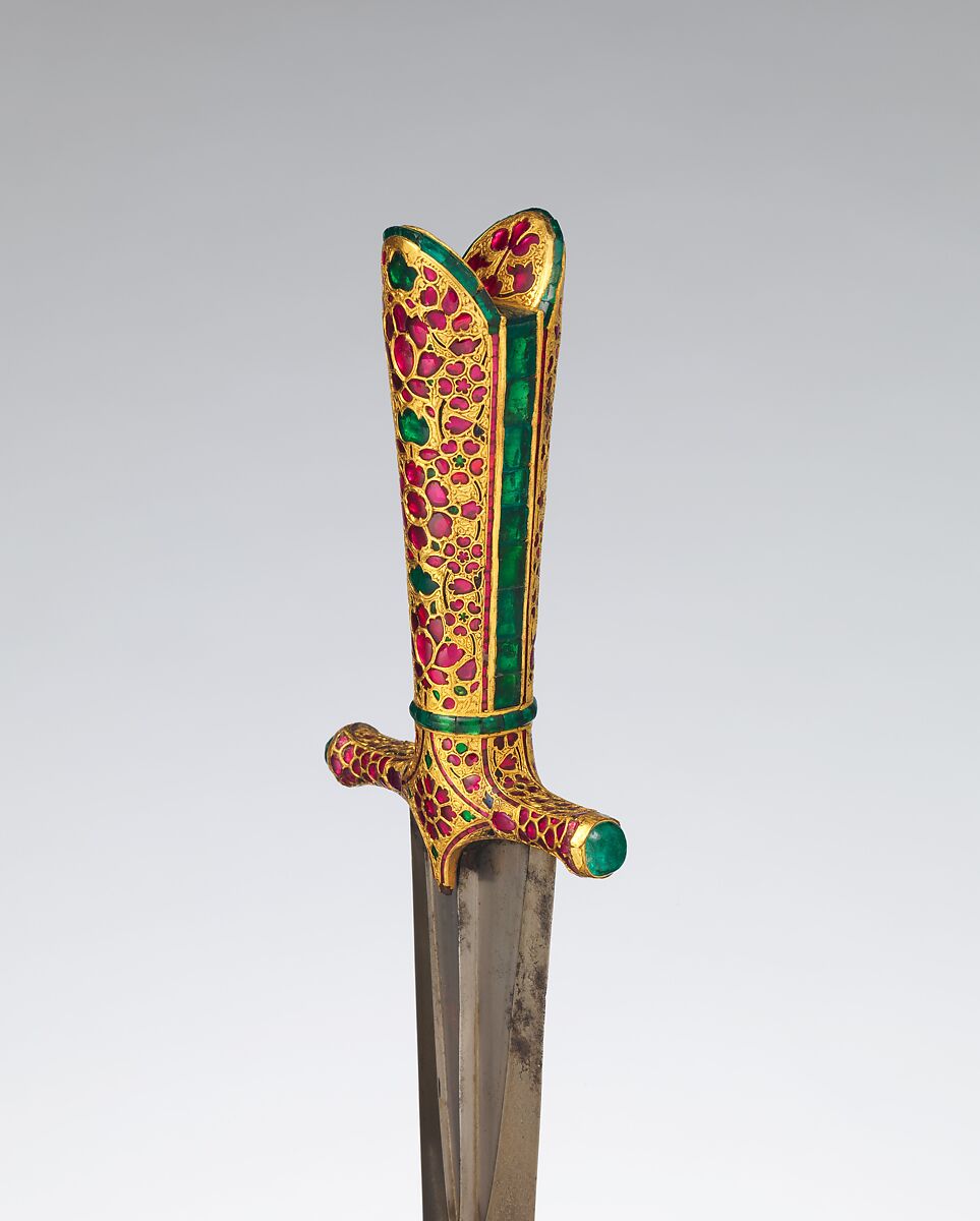 Dagger with Scabbard, Steel, iron, gold, rubies, emeralds, glass, wood, textile, Indian, Mughal