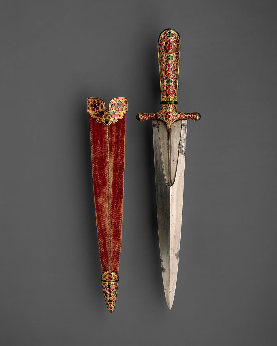 Dagger with Scabbard, Steel, iron, gold, rubies, emeralds, glass, wood, textile, Indian, Mughal