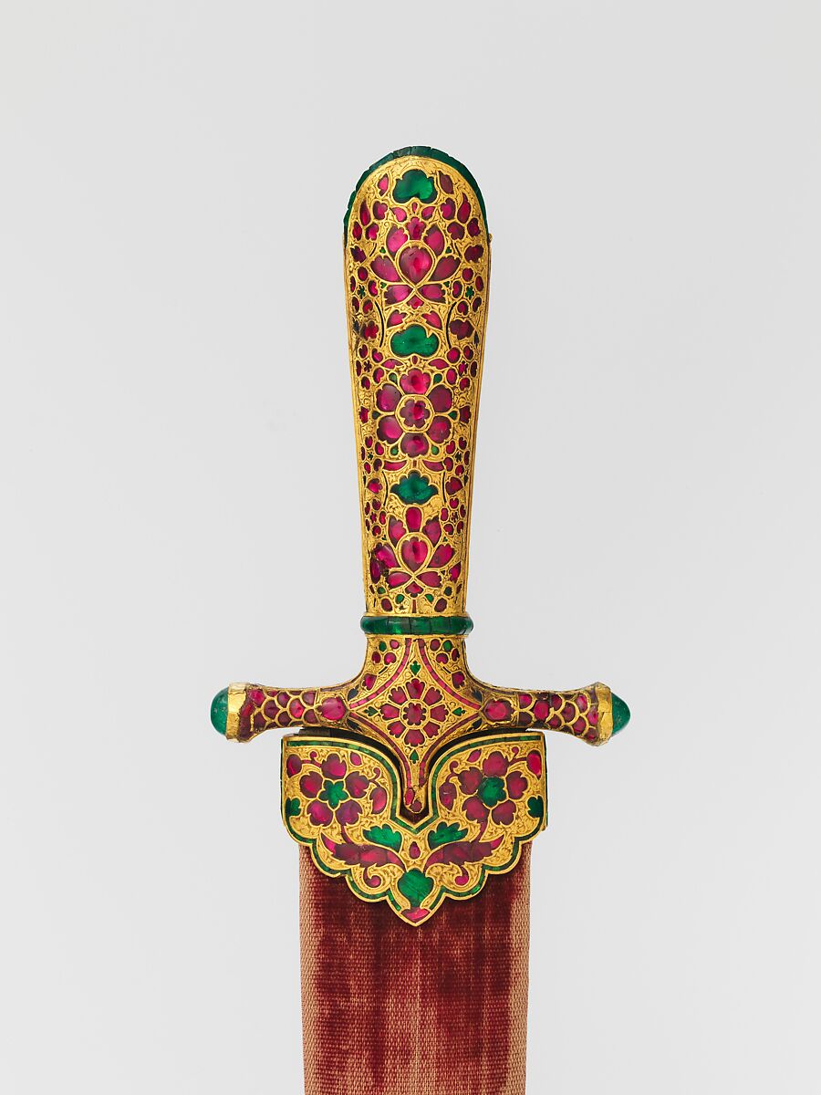 Dagger with Scabbard, Steel, iron, gold, rubies, emeralds, glass, wood, textile, Indian, Mughal
