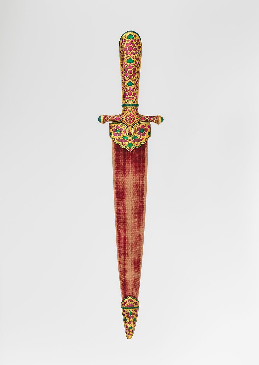 Dagger with Scabbard, Steel, iron, gold, rubies, emeralds, glass, wood, textile, Indian, Mughal
