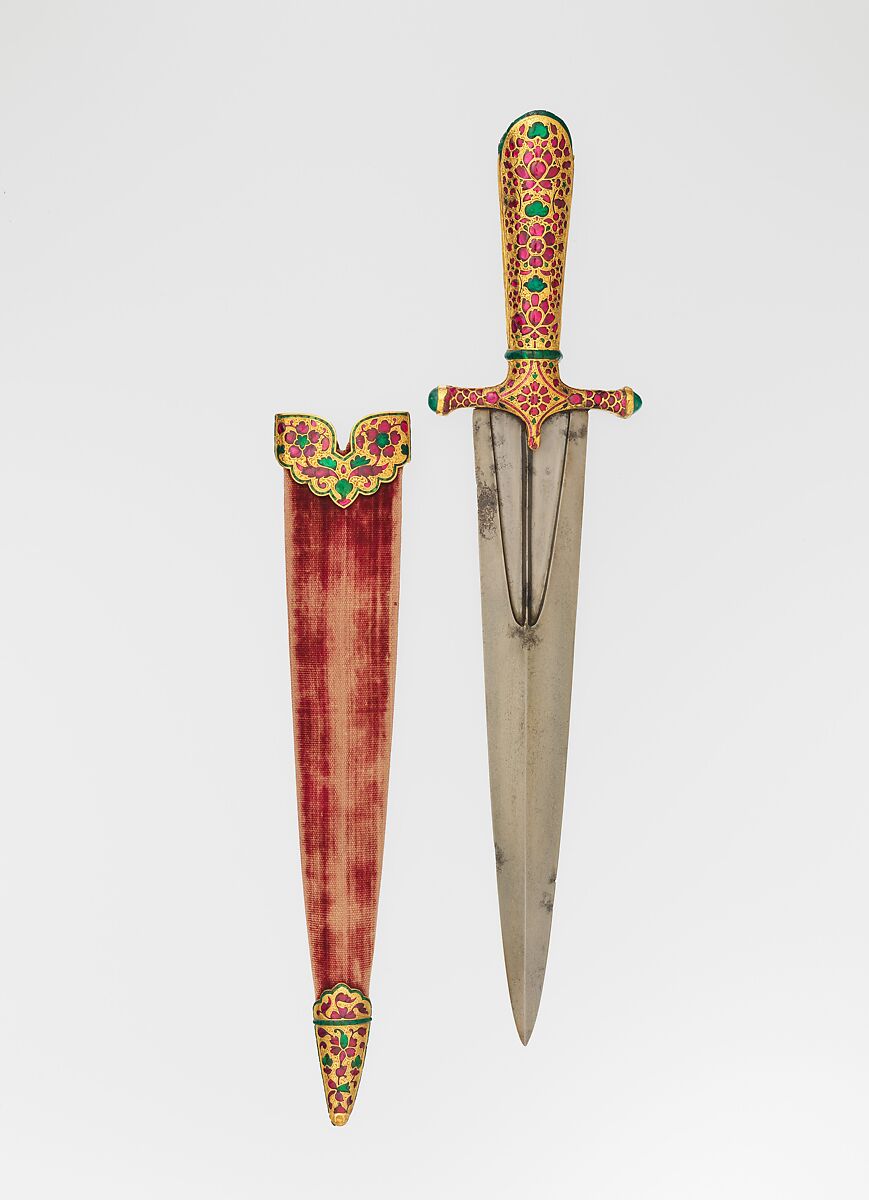 Dagger with Scabbard, Steel, iron, gold, rubies, emeralds, glass, wood, textile, Indian, Mughal 